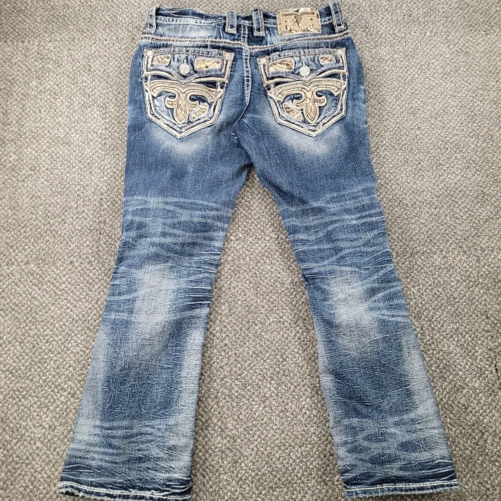Rock Revival Tristan Bootcut Jeans Mens 33 Distressed Embroidered Blue Denim